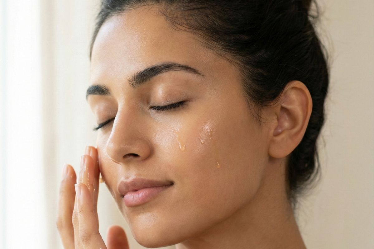 Application huile argan cosmétique sur visage routine beauté naturelle