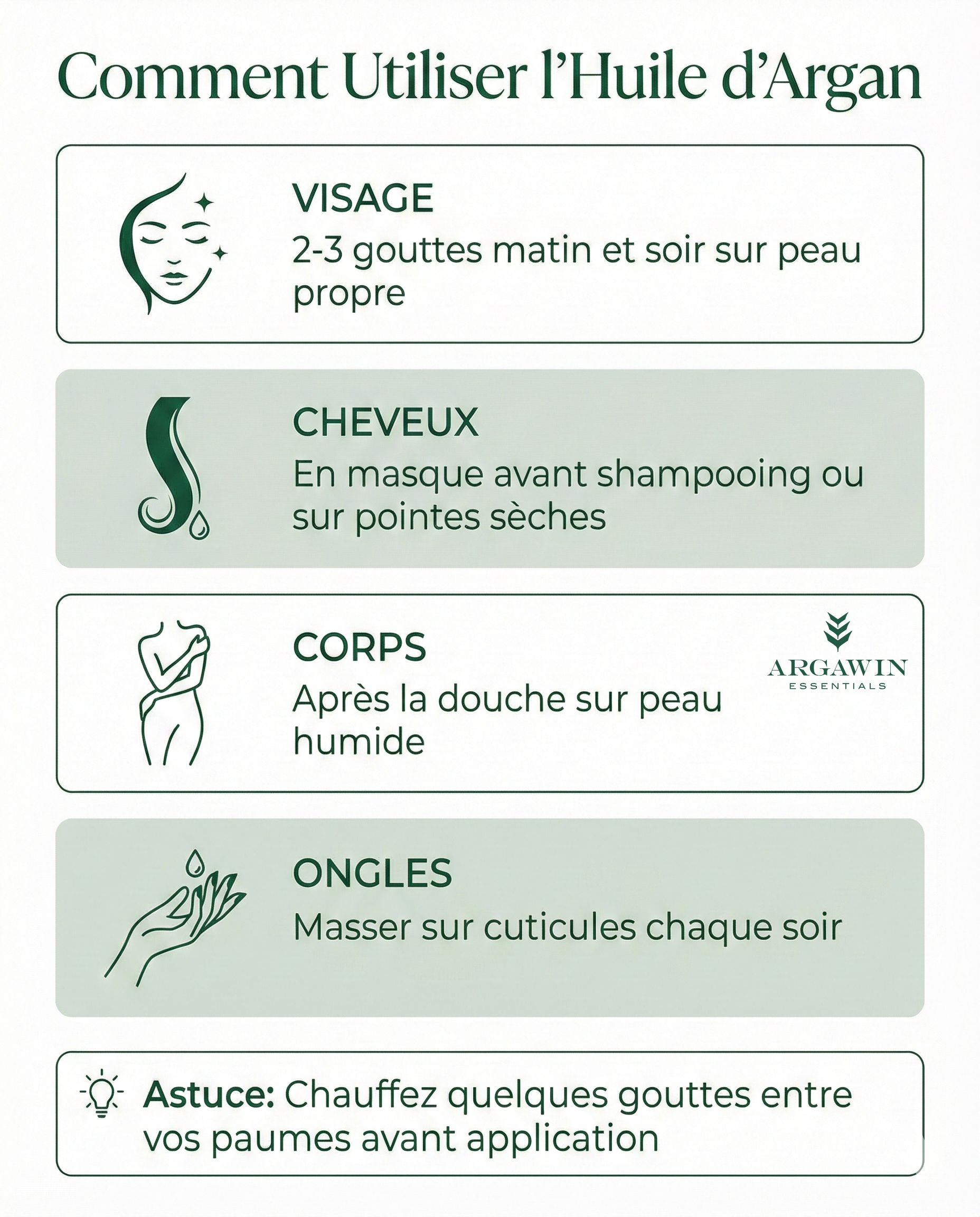 Comment utiliser huile argan visage cheveux corps ongles