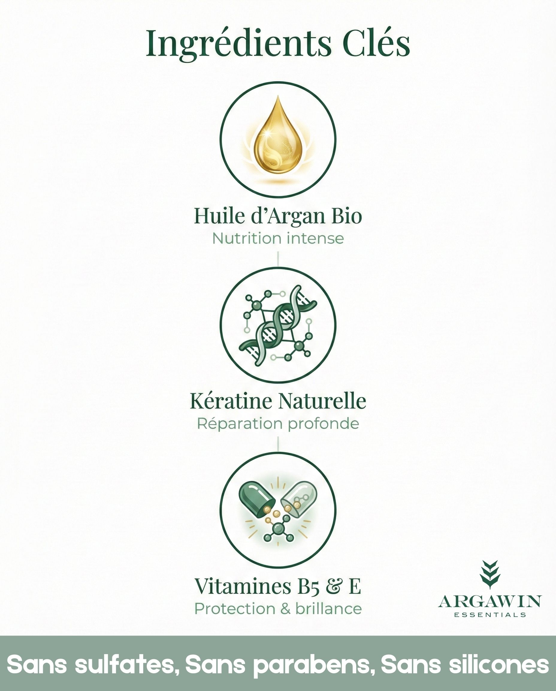 Ingrédients clés shampoing argan huile kératine vitamines
